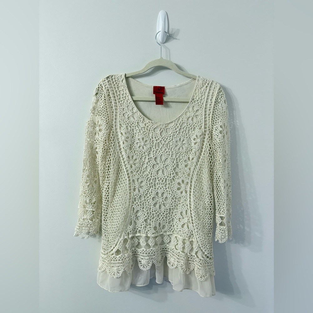 V CHRISTINA Crochet Floral Lined Open Knit Blouse Top Ruffle Womens S Boho Artsy